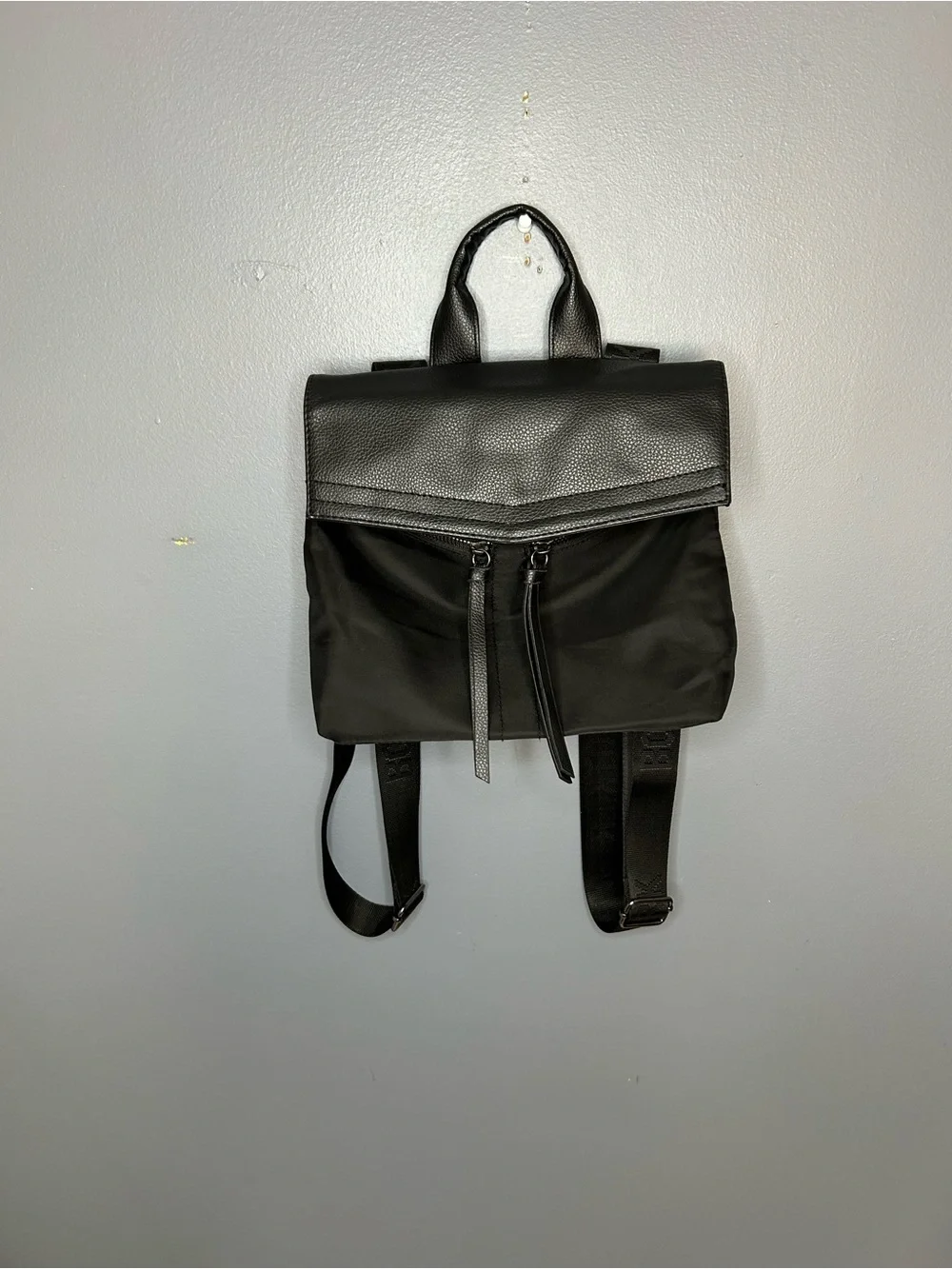 Botkier Backpack Bag Small Medium Black‎ Nylon Faux Leather Logo Straps Cute Y2K